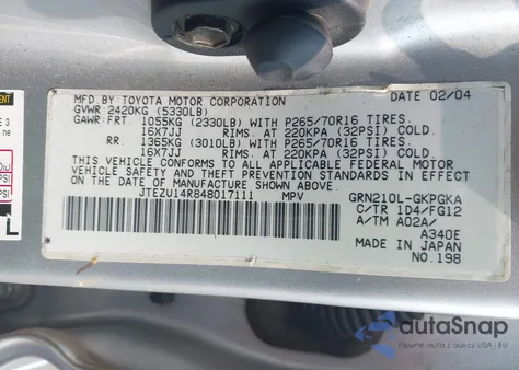 2004 Toyota 4Runner Sr5 V6 from USA, damaged, VIN JTEZU14R848017111